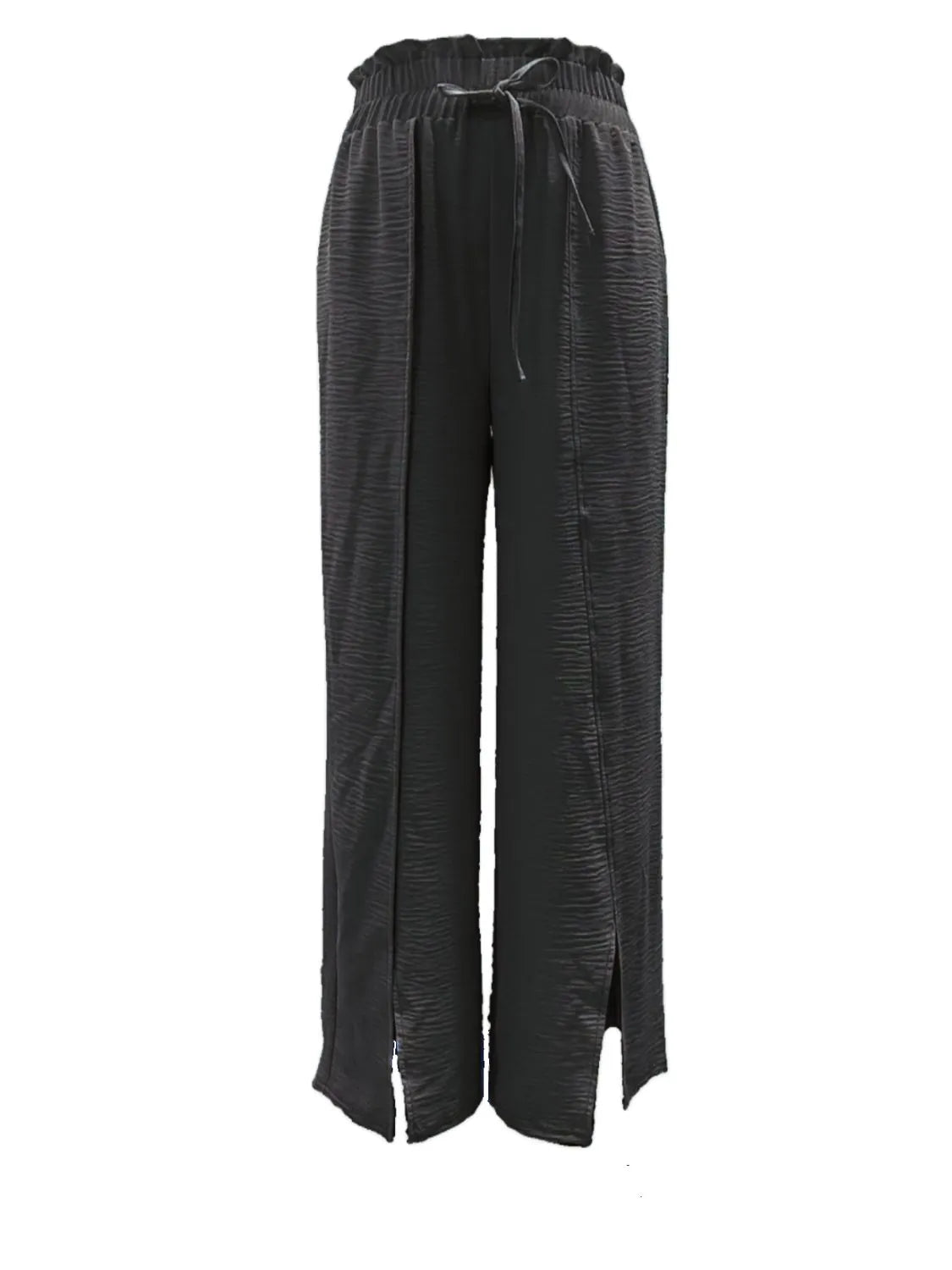 Black wide-leg slit pants with ruched elastic waist and long side splits
