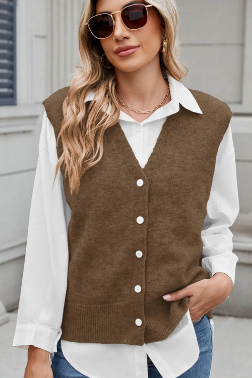 Taupe button V-neck sweater vest with ribbed front and four buttons