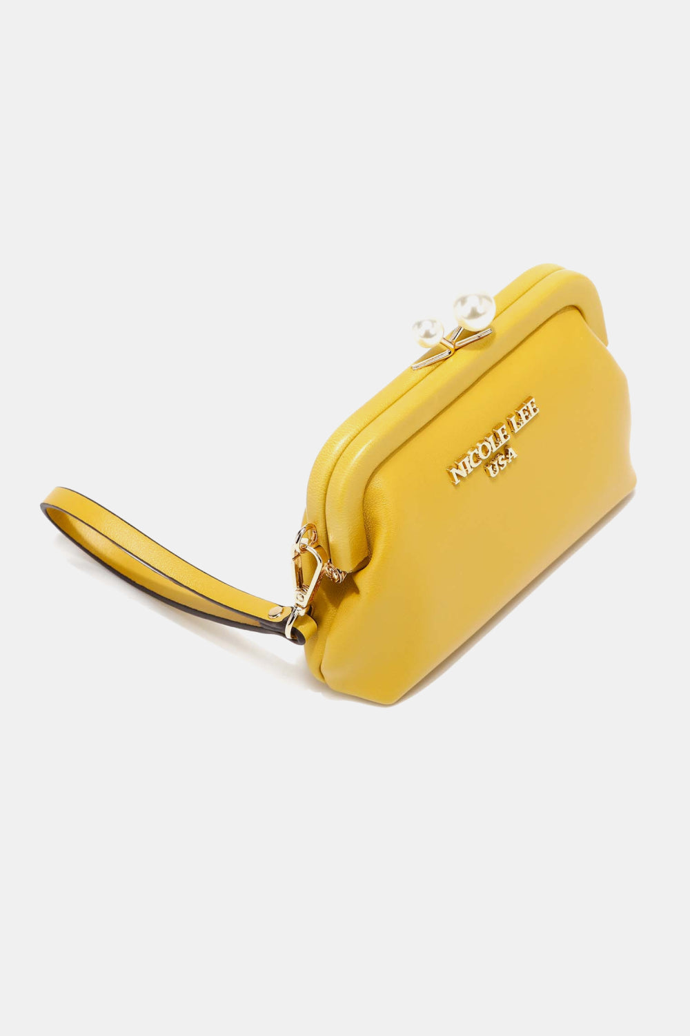 Nicole Lee USA Elise pearl coin purse, yellow with top clasp and wrist strap.