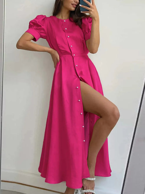 Hot pink button-down short-sleeve dress with front buttons and thigh-high slit