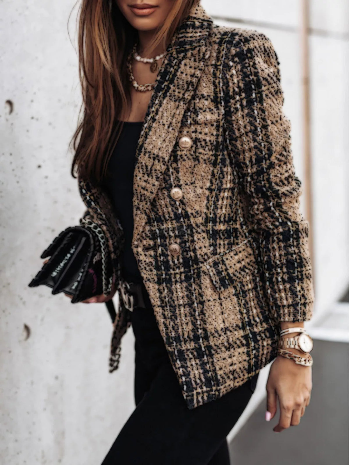 Camel-and-cream plaid tweed double-breasted blazer jacket with gold-tone buttons
