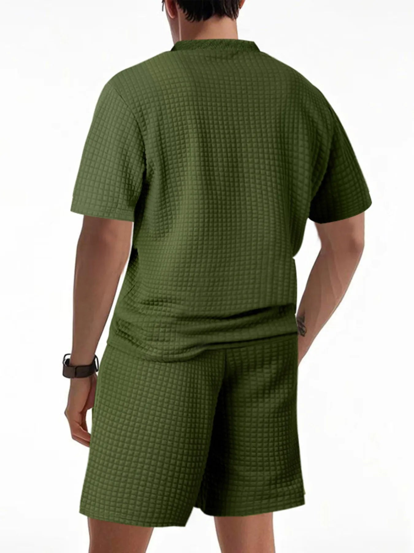 Men's textured round-neck short-sleeve top and shorts set in dark green, back view