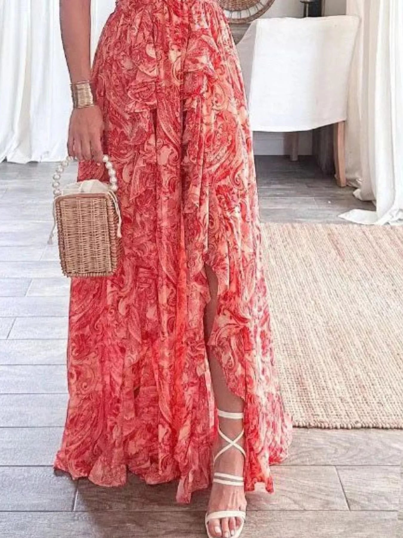 Cedar & Moore Full Size Ruffled Cutout V-Neck Maxi Dress, Plus Size, red paisley, slit