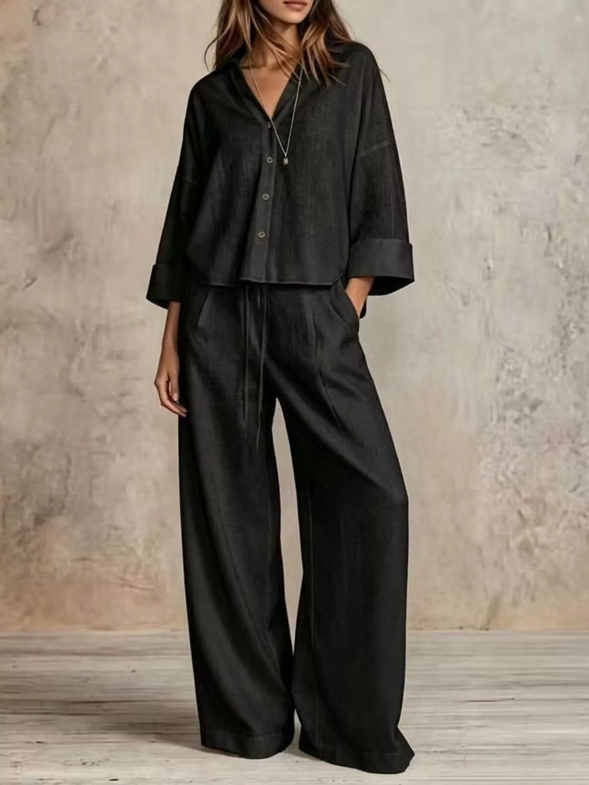Black wide-leg button down shirt and pants set, button front, loose wide trousers.