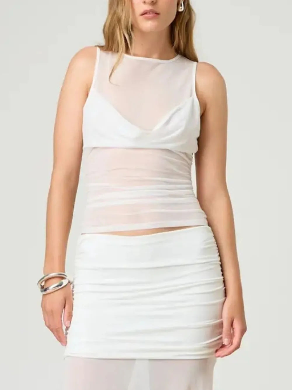White ruched round-neck sleeveless tank top with soft draped front
