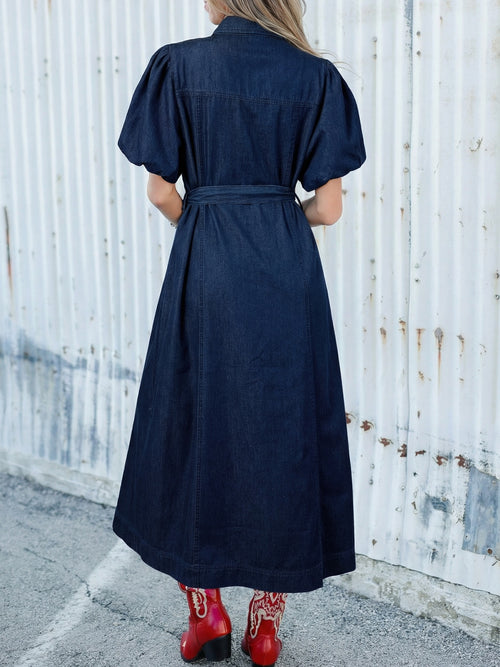 Navy denim button-down midi dress, belted waist, short puff sleeves