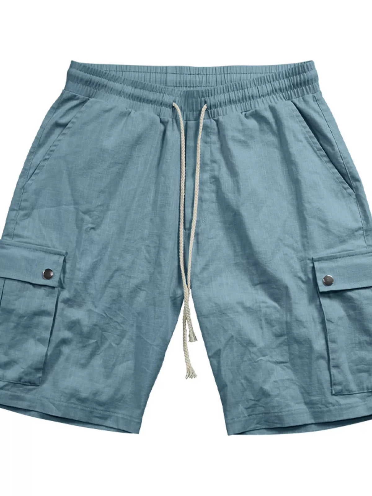 Men’s light blue cargo shorts front view with elastic waistband drawstrings and cargo pockets.