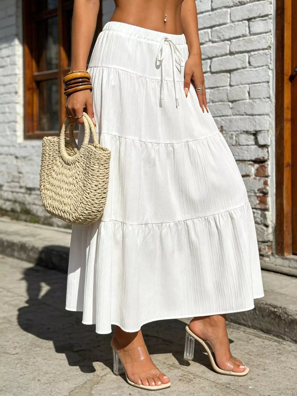 White tiered maxi skirt with ruched waistband and drawstring tie