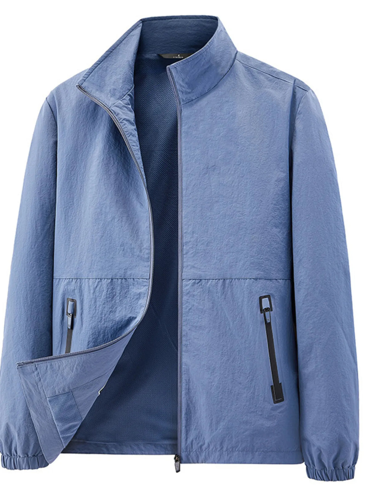 Men's zip-up jacket in light denim blue with stand collar and two zip pockets