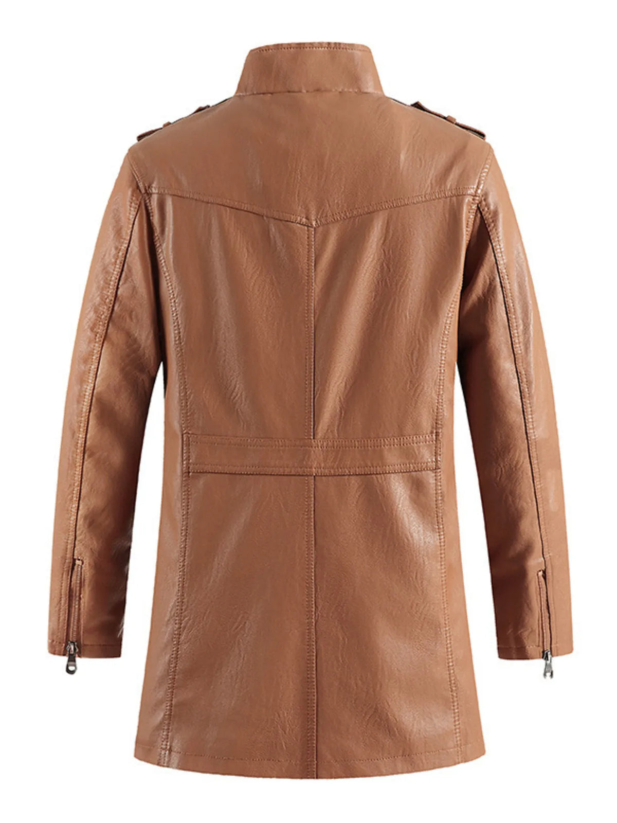 Caramel vegan leather zip-up jacket, back view with yoke seams and side zips