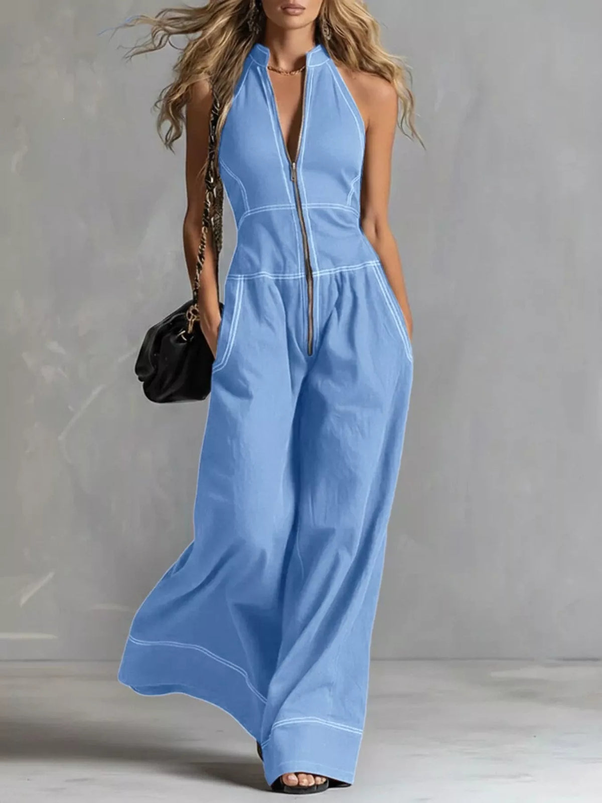Zip-front sleeveless wide-leg jumpsuit, light blue with front zipper and wide legs