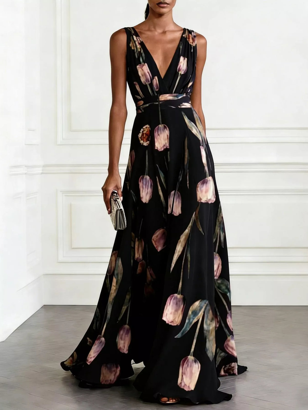 Sleeveless floral print ruched maxi dress in black with V-neck and gathered waist