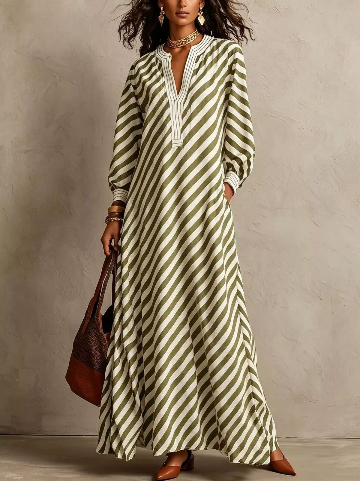 Sage-and-white striped long-sleeve maxi dress with V-neck and button front