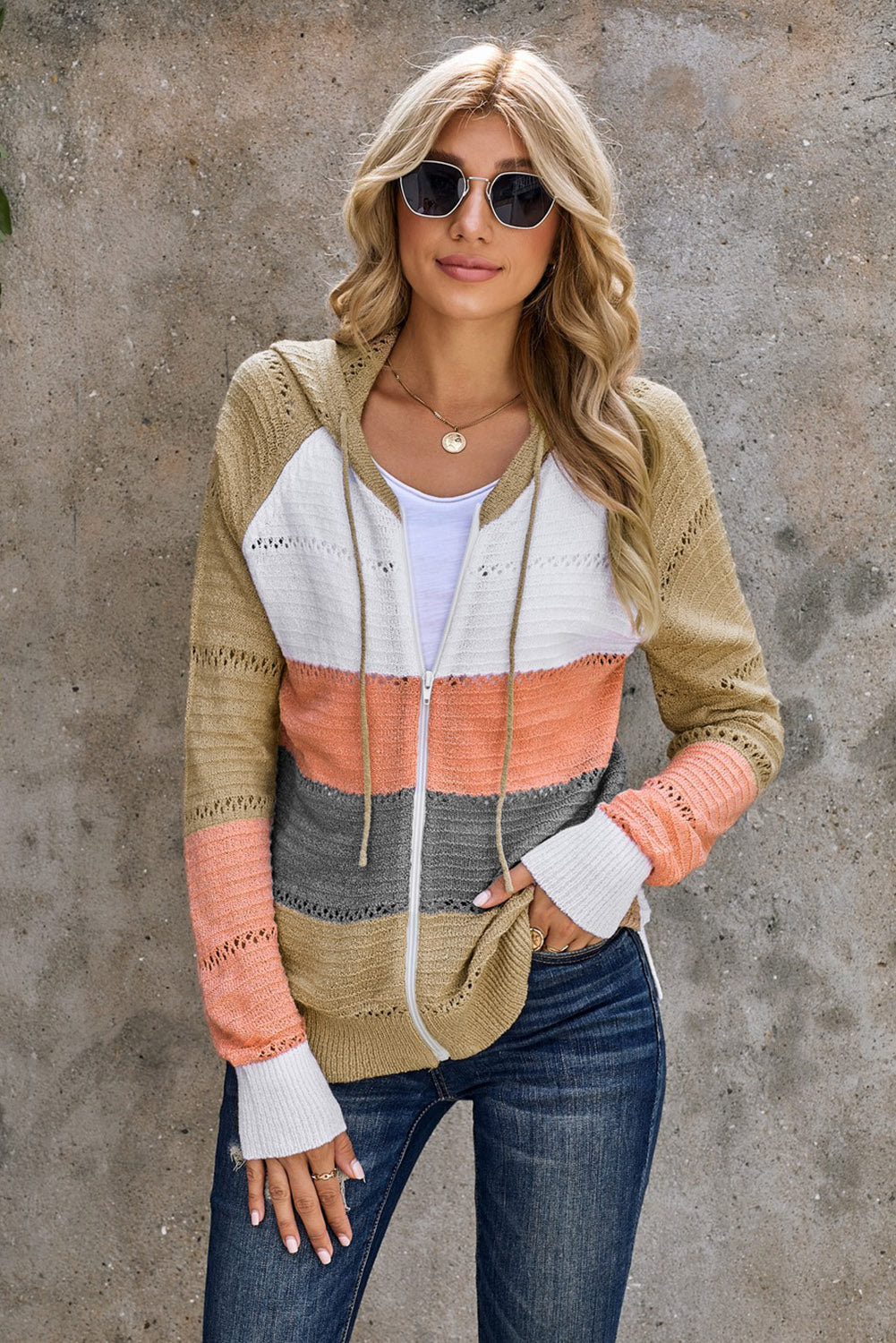 Beige zip-up hooded cardigan with openwork yoke, white and orange stripe panels