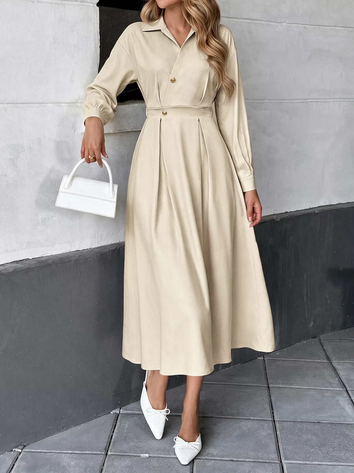 Khaki ruched pleated button long sleeve shirt dress with midi length and belt waist