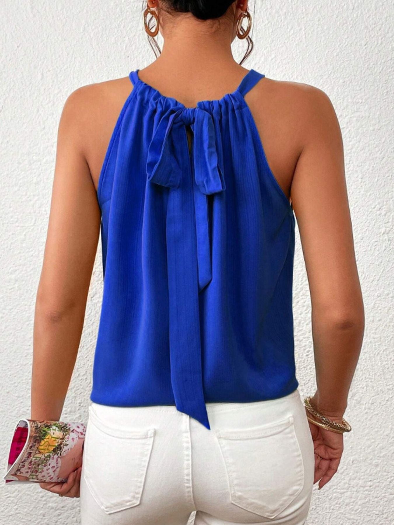 Cedar & Moore Solid Color Ruched Cami in royal blue; halter neck with back bow.