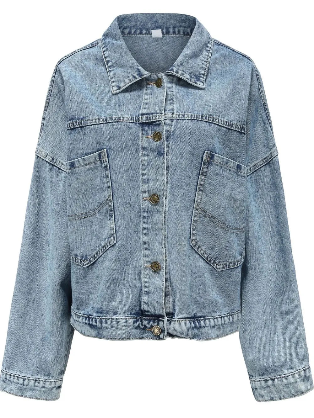 Light-wash denim button-front jacket with pointed collar and chest patch pockets