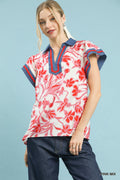 Cedar & Moore Umgee pink floral split-neck top with blue trim