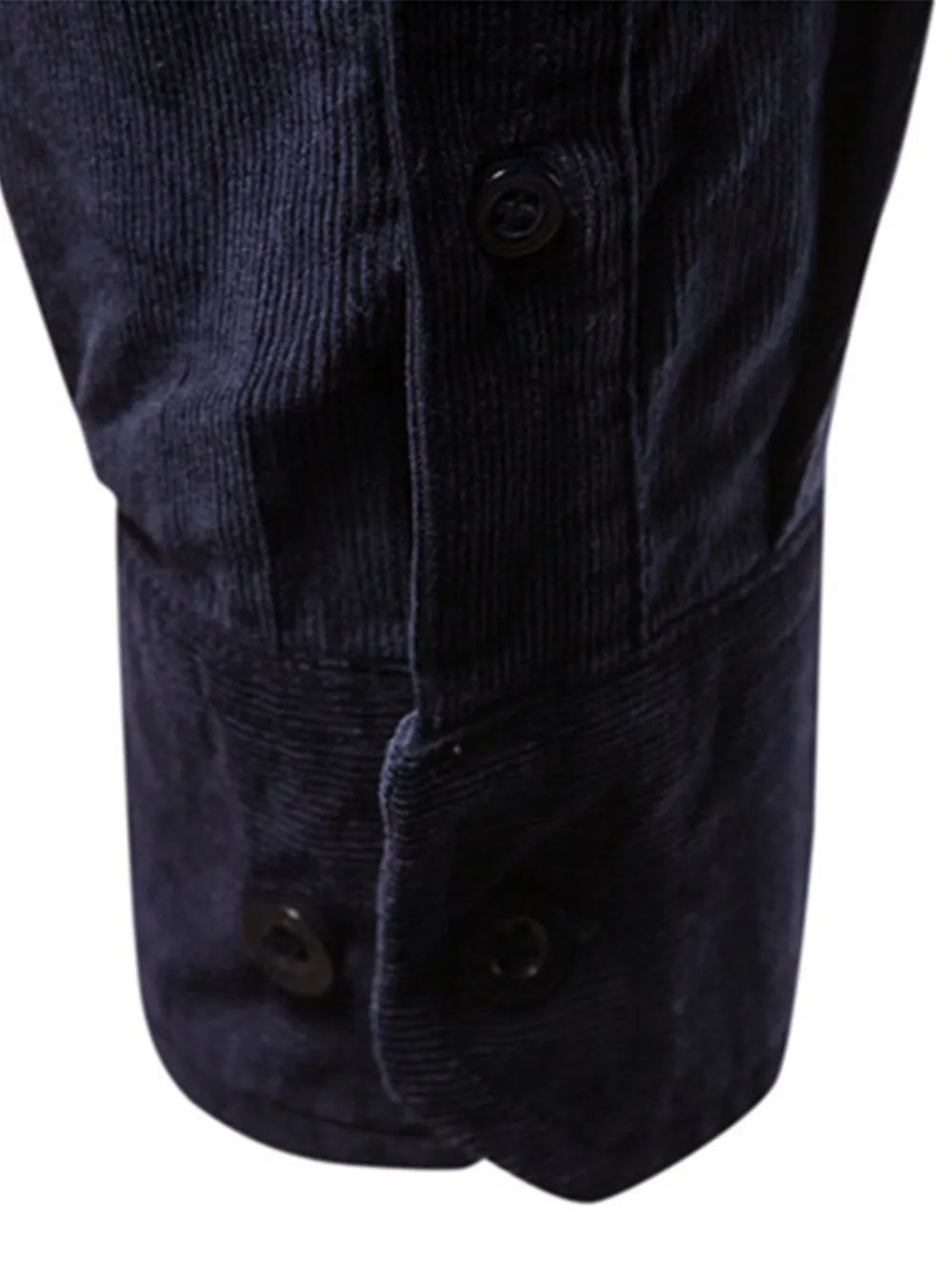 Men's dark indigo buttoned shirt cuff and placket detail with round buttons