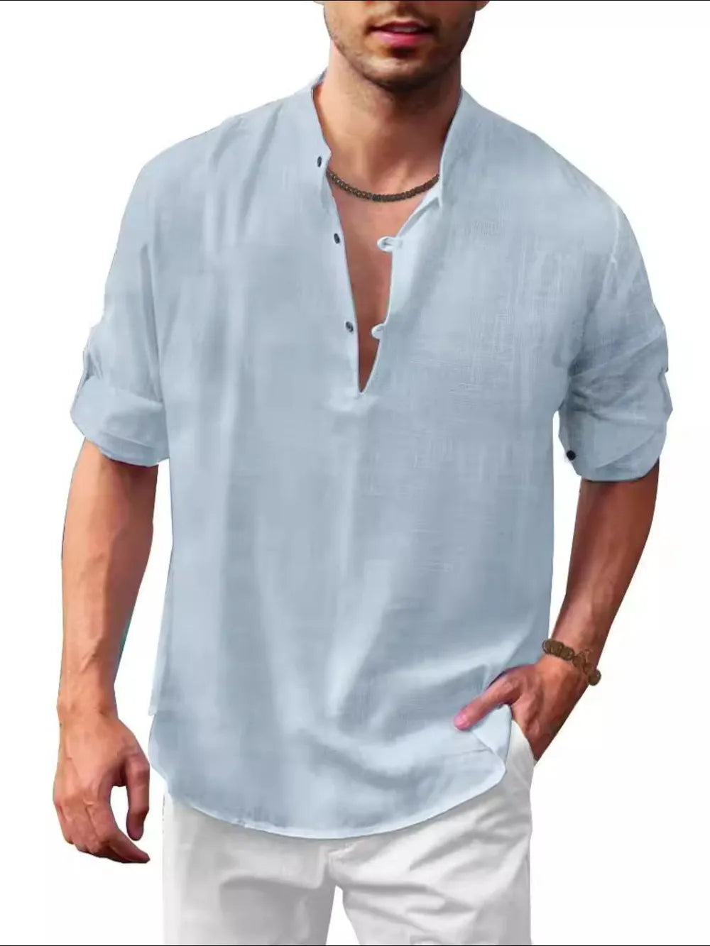 Men's light blue half-button long sleeve shirt with split neckline