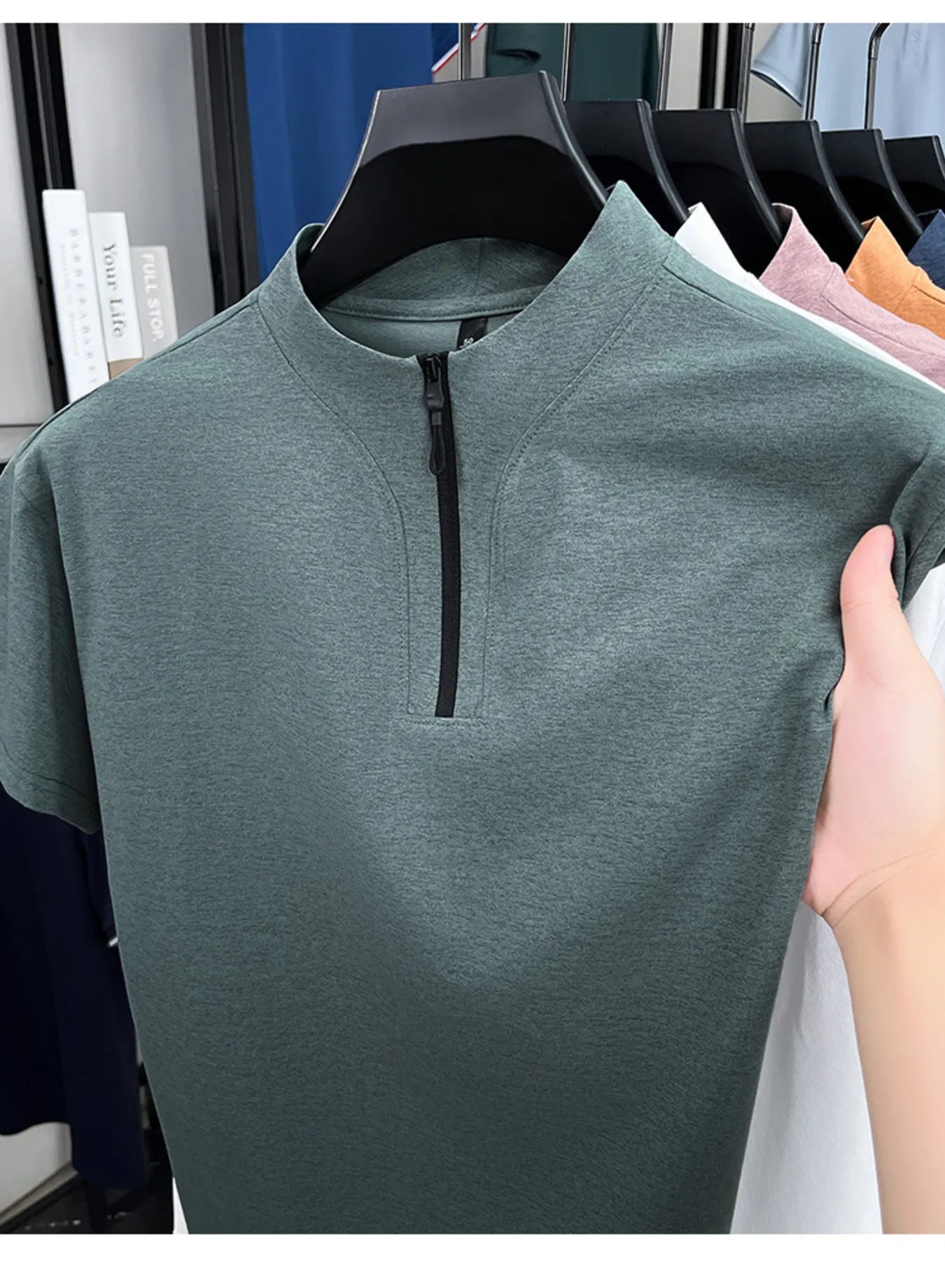 Men's quarter-zip short-sleeve top, heather green, front half-zip collar detail