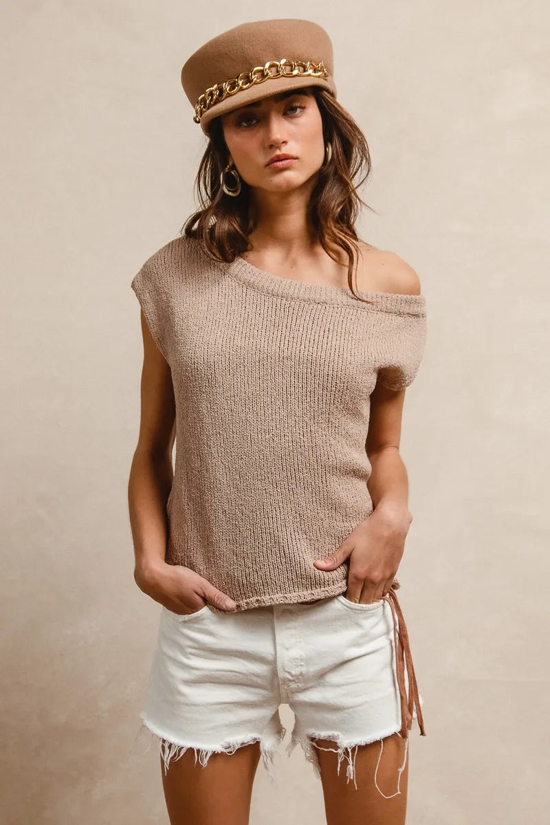 Latte one-shoulder knit top with off-shoulder neckline and short cuffed sleeves