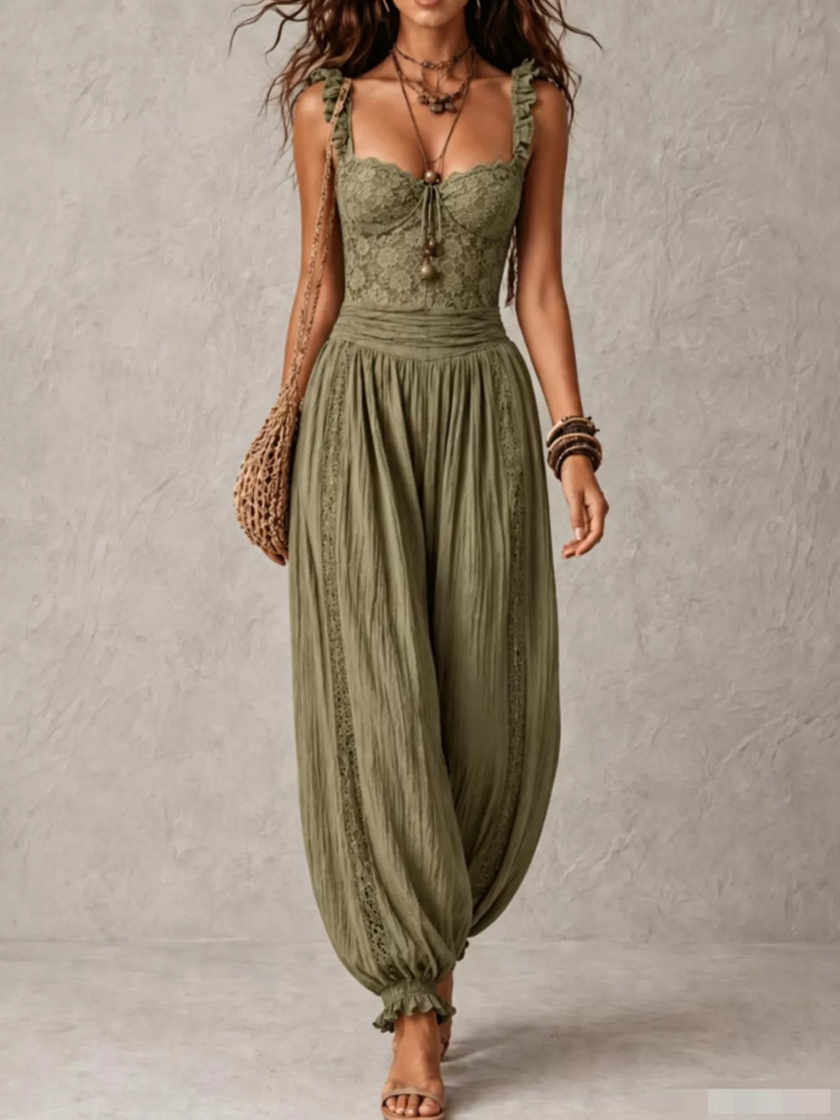 Lace corset jumpsuit with harem pants, olive green lace bodice and drawstring