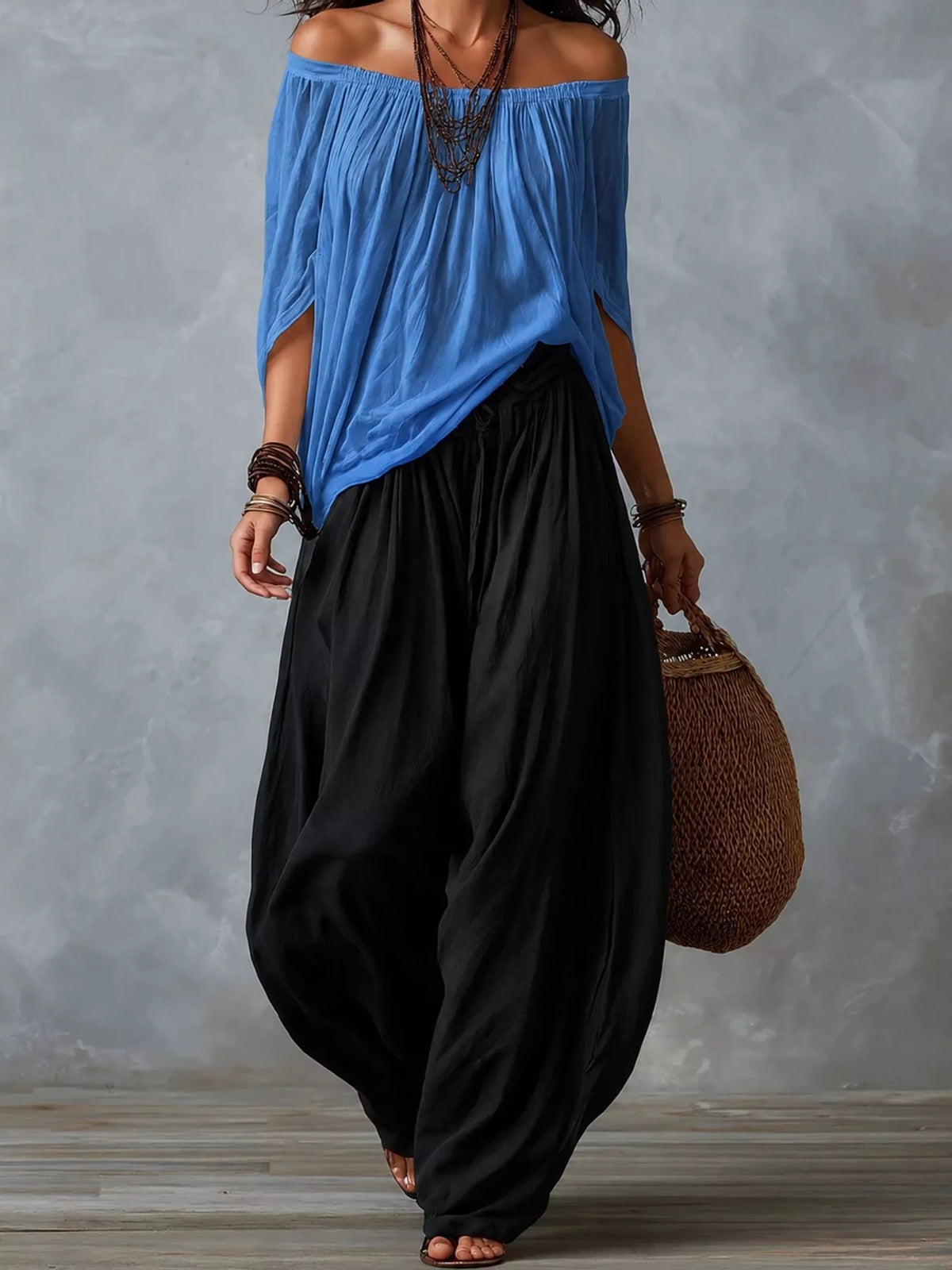 Off-shoulder harem pants set with blue off-shoulder top and black loose harem pants