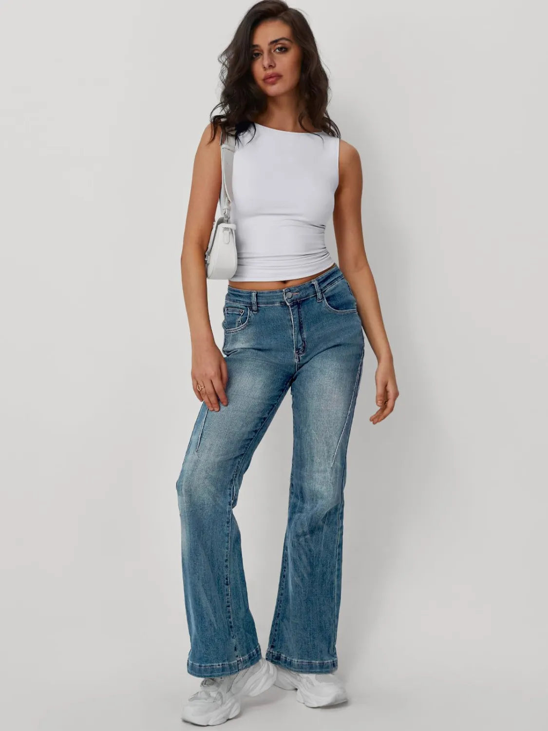 Solid round neck tank top, white, sleeveless fitted crop