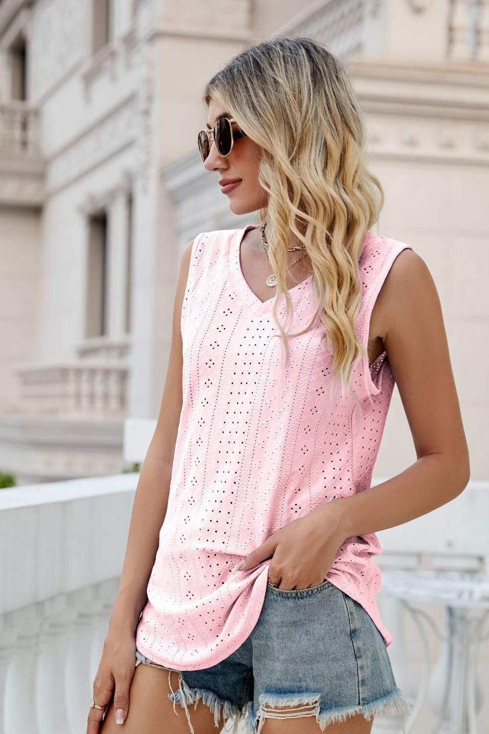 Blush pink eyelet V-neck tank with sleeveless lace cutout pattern