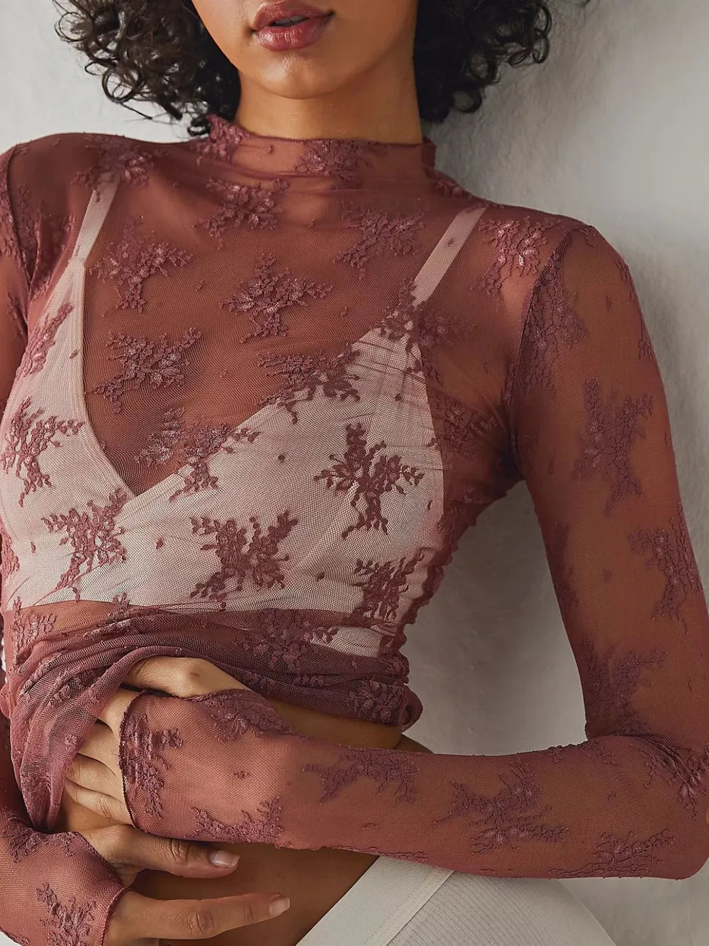 Rust lace mock neck long-sleeve blouse with floral embroidery on sheer mesh