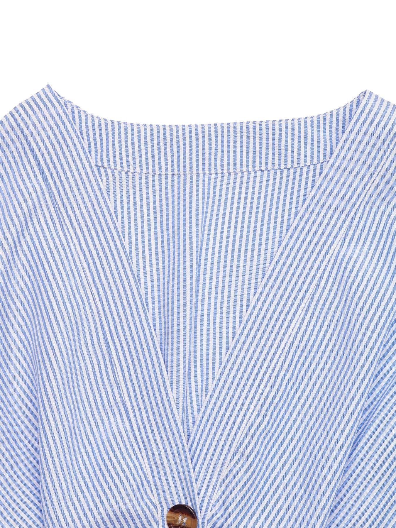 Cedar & Moore Ruffle Sleeve Button Front Midi Dress fabric closeup in blue and white stripes with a visible button front