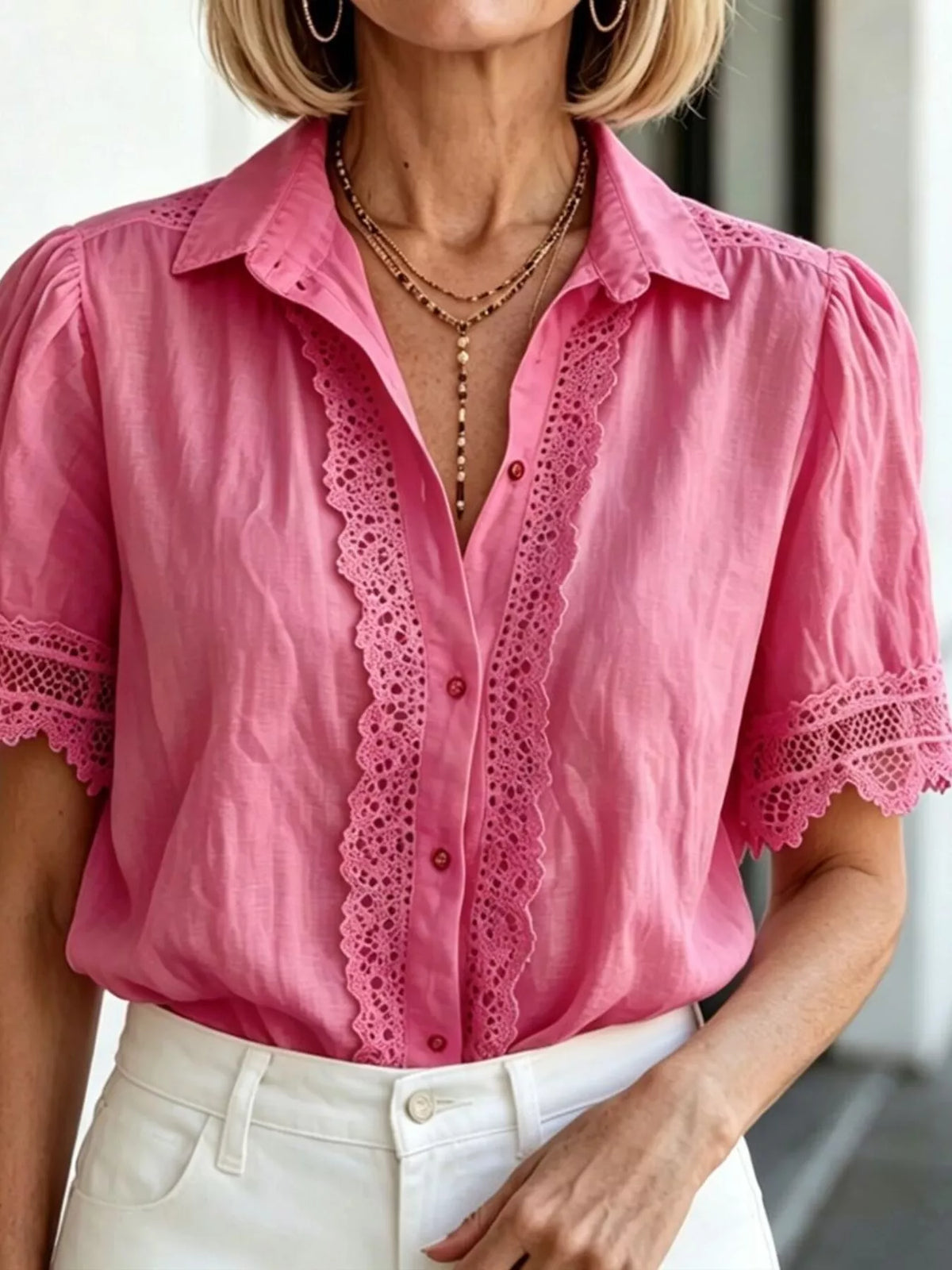 Hot pink short-sleeve shirt with lace V placket and button front