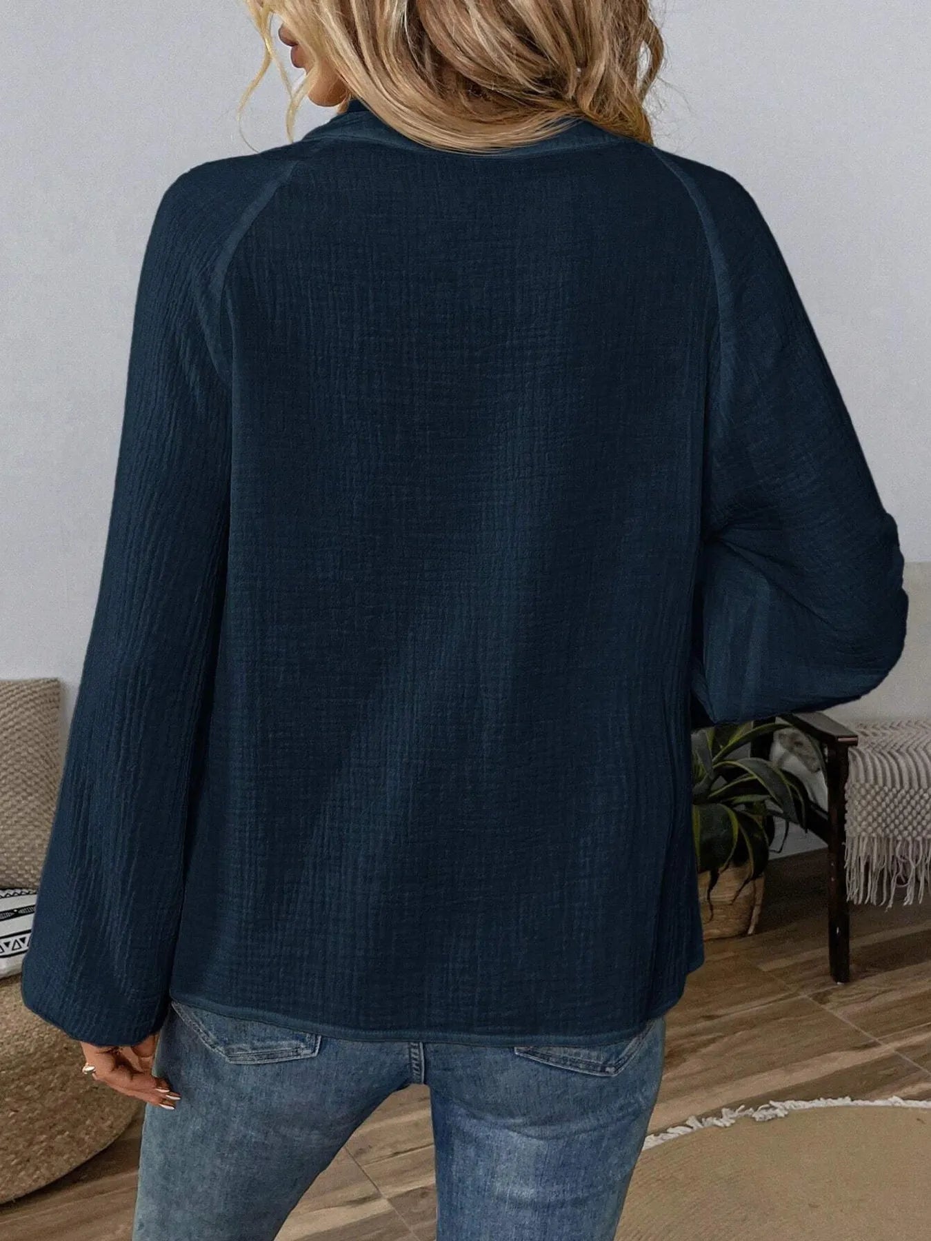 Long-sleeve blouse, navy back view with loose fit and textured fabric