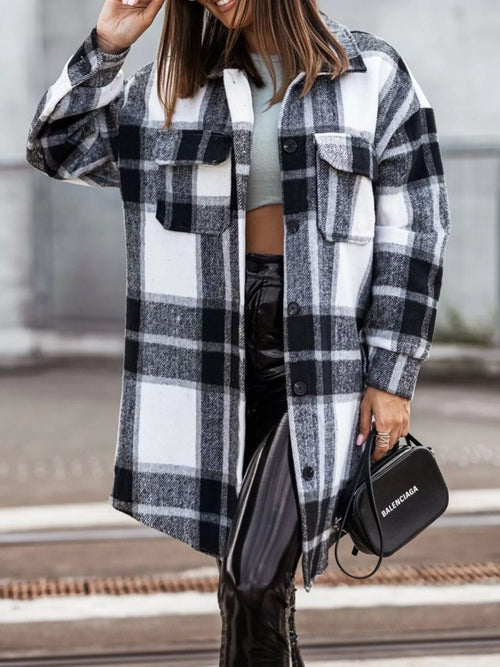 Black/white plaid flannel shacket, button front, collared neck, flap pockets