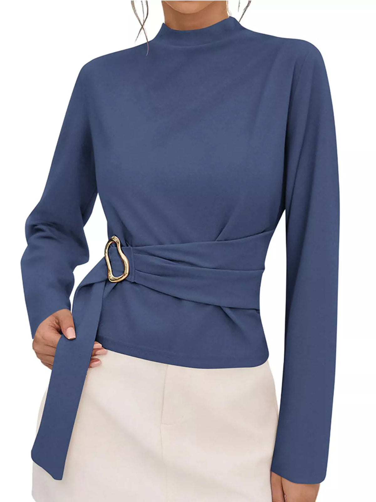 Dark blue mock neck blouse with long sleeves, ruched waist belt and gold ring buckle