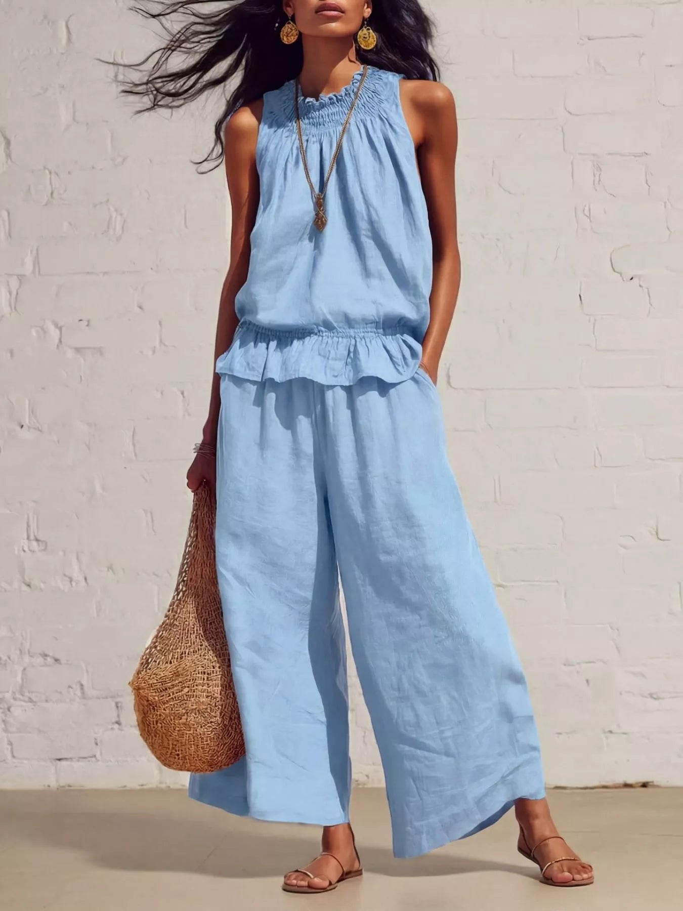 Smocked ruffled top and wide-leg pants set, sky blue sleeveless with ruffled hem