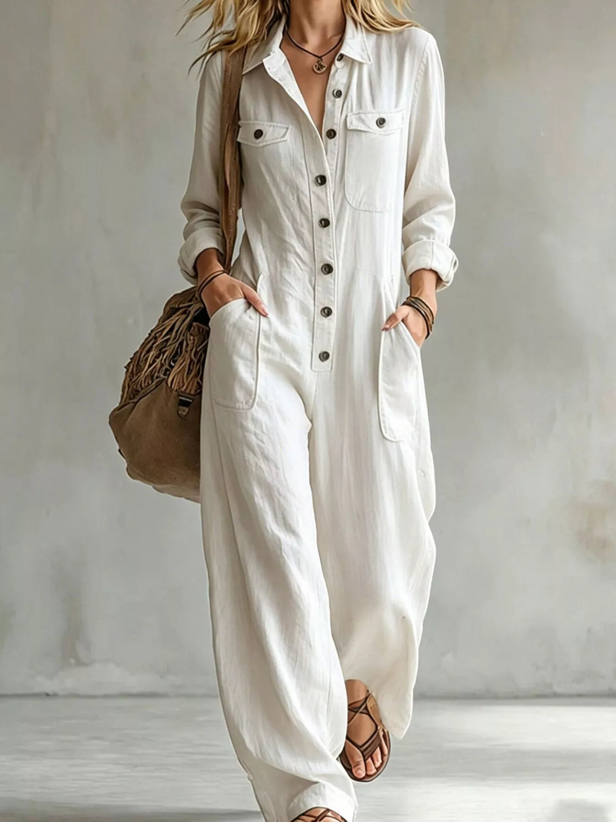 White long-sleeve button-front jumpsuit with pointed collar and chest patch pockets