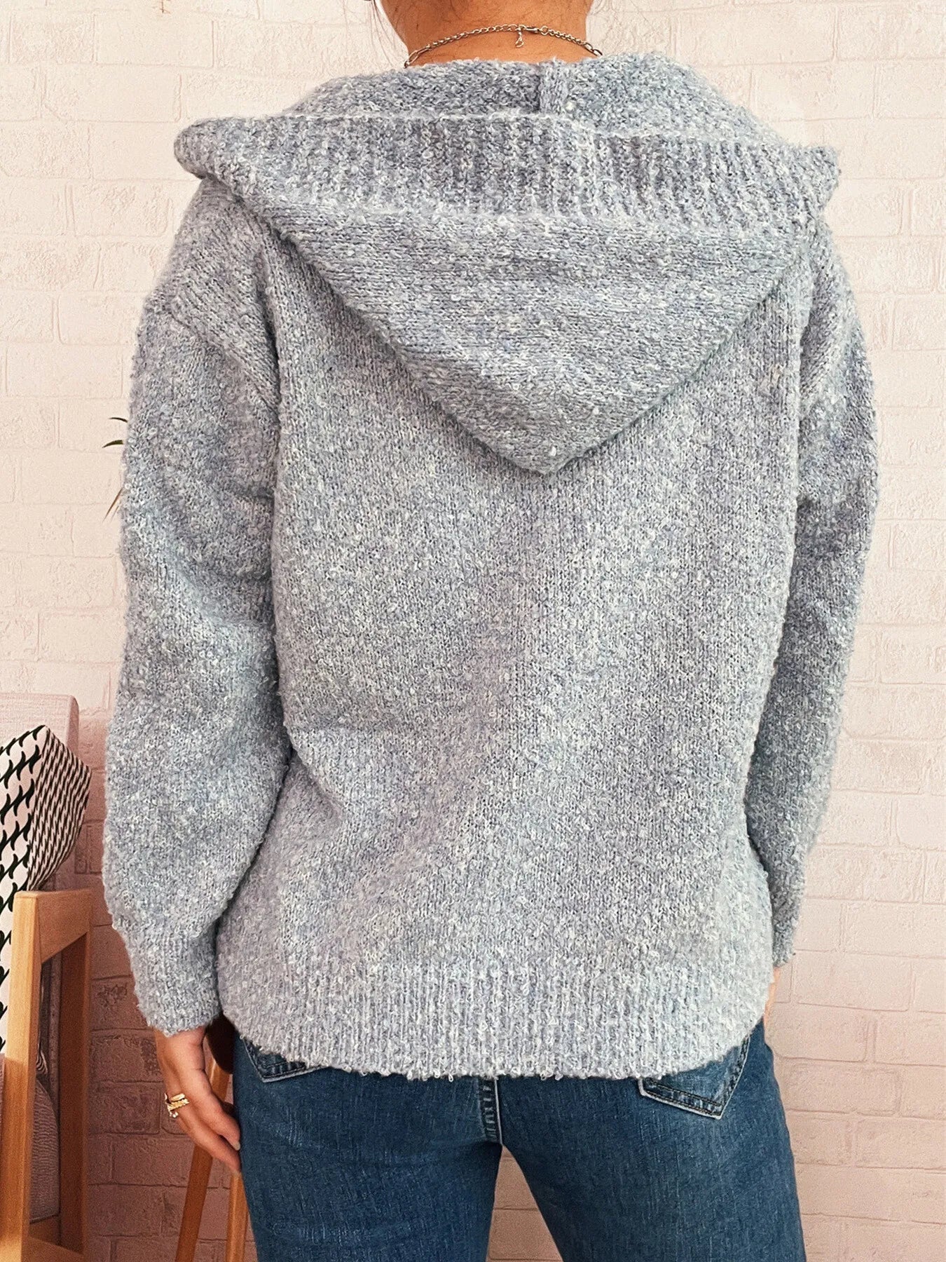 Heather gray-blue hooded cardigan back view with full hood and long sleeves