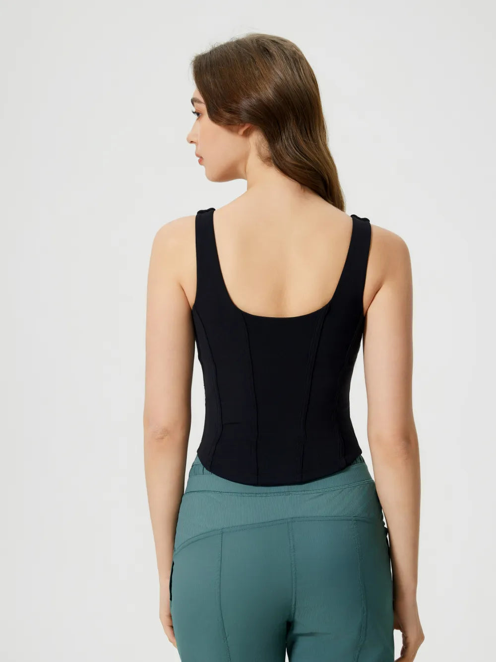 Black active tank top with wide straps and scoop back