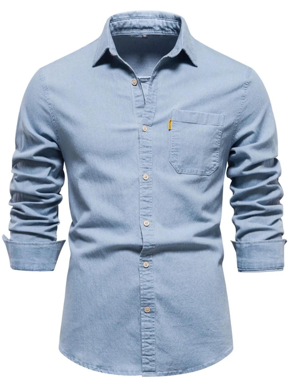 Men's light blue denim button-up shirt with chest pocket and long sleeves