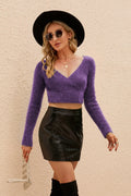 Purple surplice V-neck cropped sweater with long sleeves, fitted fuzzy knit top.