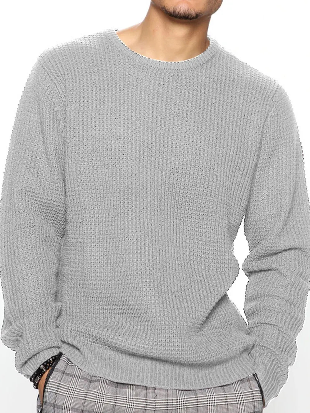 Light gray textured knit crewneck sweater with long sleeves and ribbed cuffs