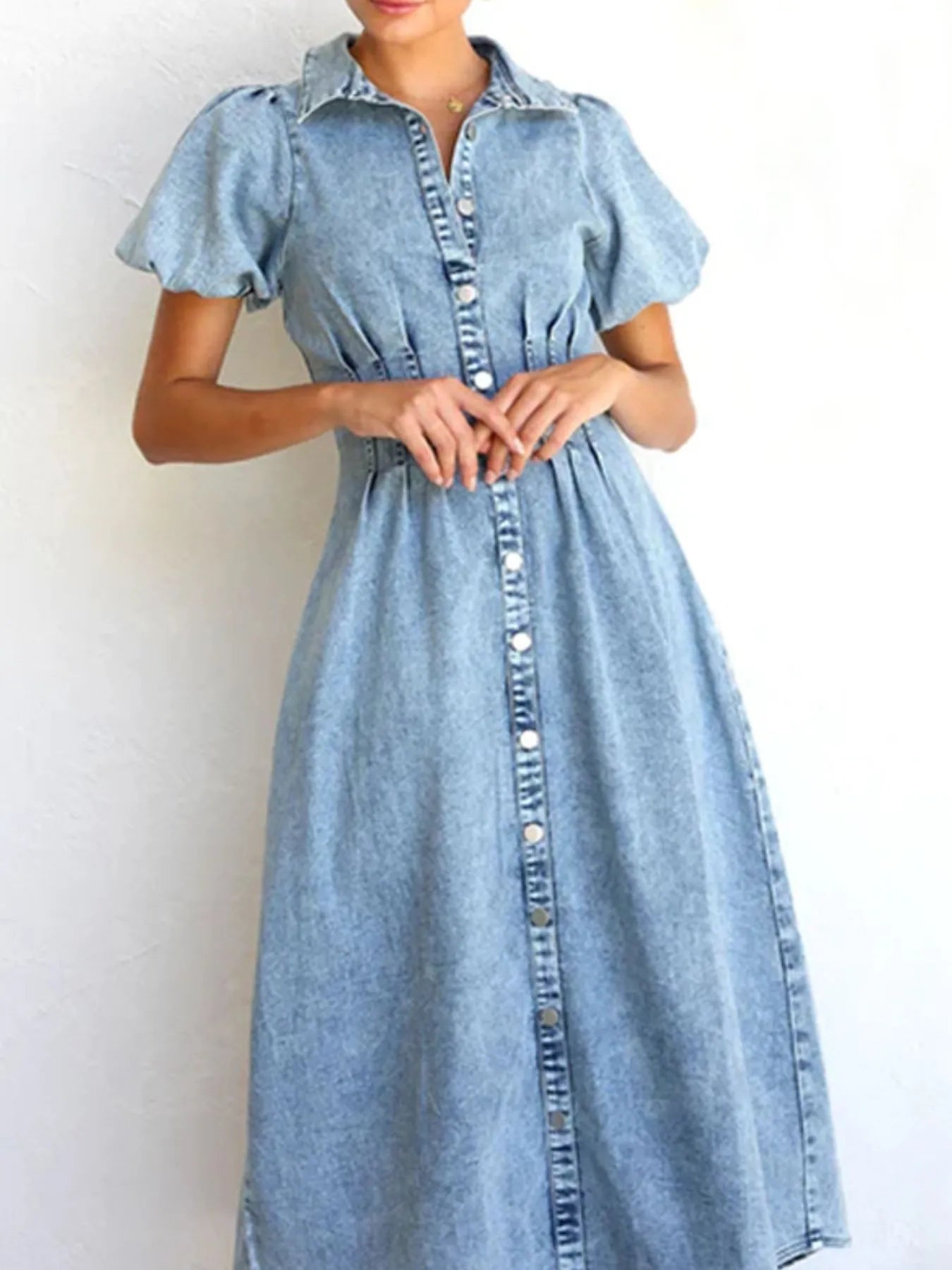 Blue denim midi dress with puff sleeves and button front, pintuck detail