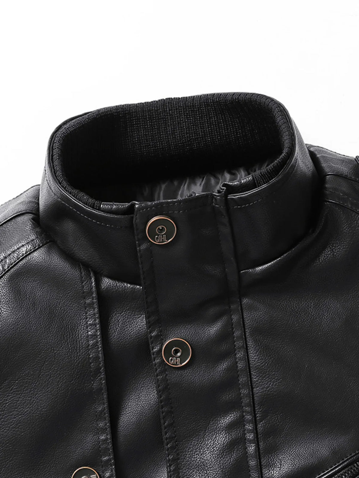 Men’s black zip-up vegan leather jacket collar with snap placket and brand badge