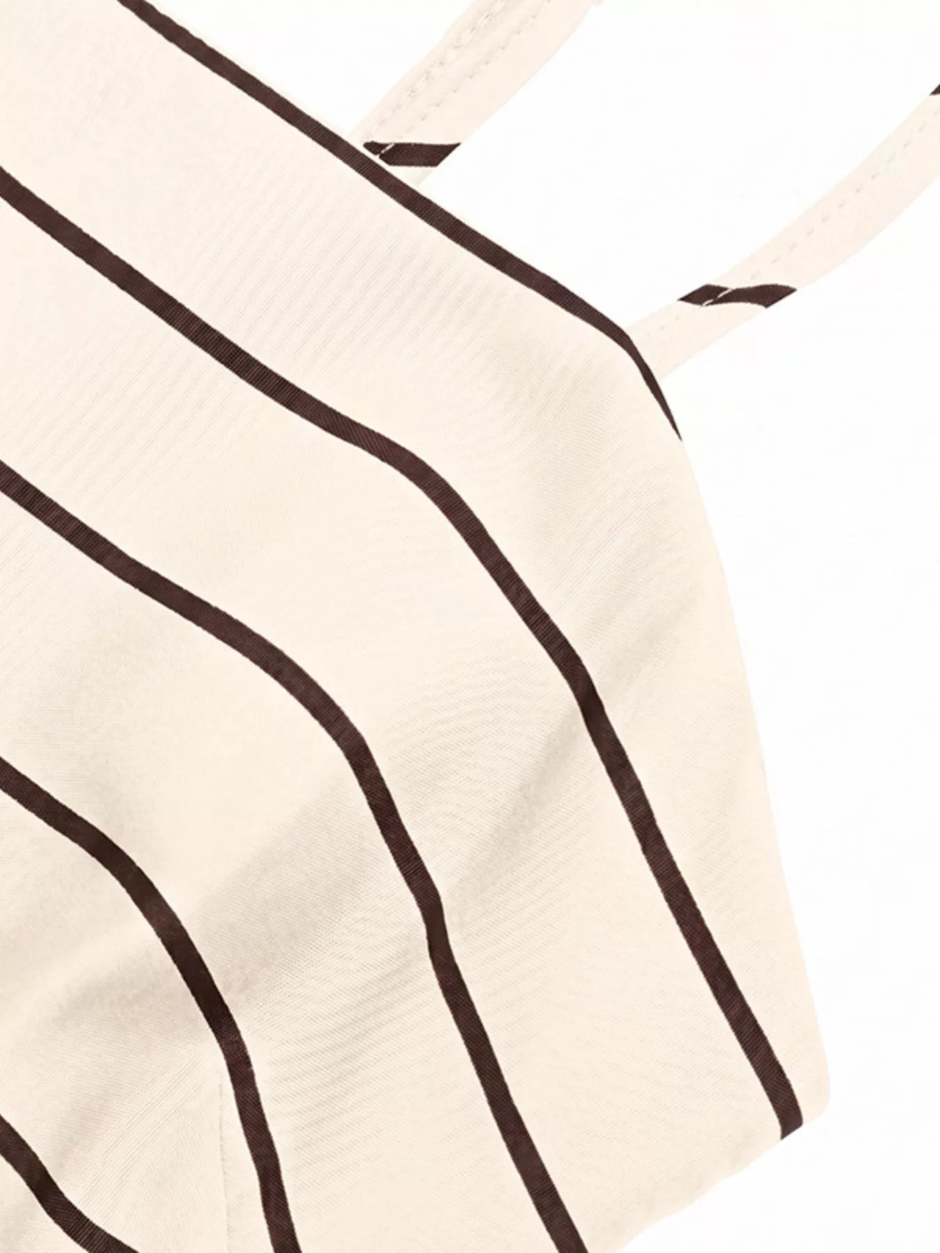 Cedar & Moore Striped print spaghetti strap maxi dress in beige with brown stripes; cutout and smocked.