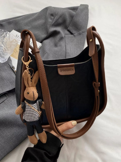 Adjustable Strap Shoulder Bag, small black PU with brown straps and bunny keychain