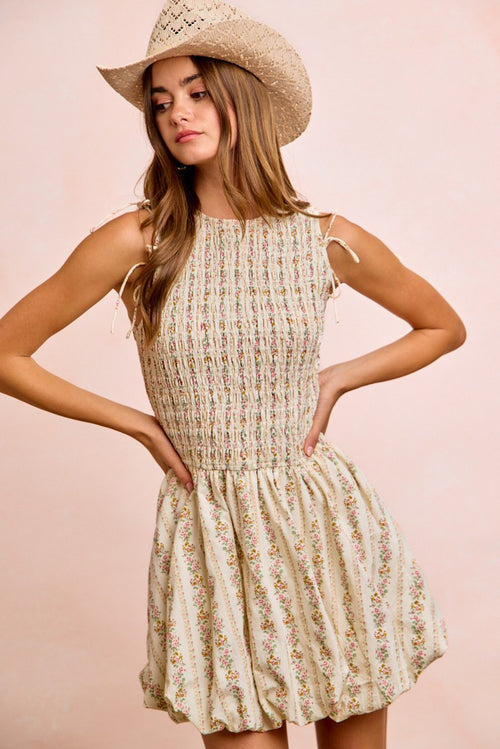 Ivory floral smocked bodice puff-sleeve dress with drawstring shoulder ties