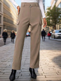 Mocha high-waist straight pants with front button, belt loops, and cargo side pockets