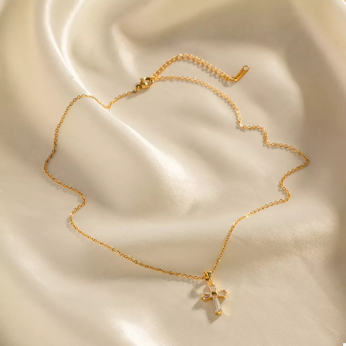 Gold-plated zircon cross necklace with extender and clear cross pendant charm